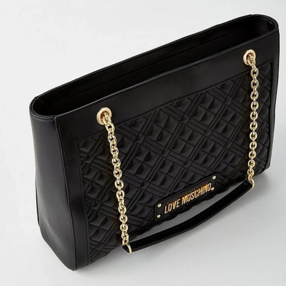 NWT Love Moschino Black Quilted Borsa Shoulder Tote in Black and Gold - Picture 10 of 15